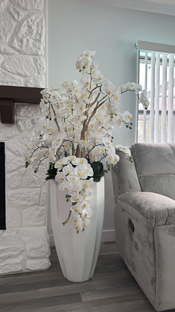 Cascading white orchids, white vase - Image 2