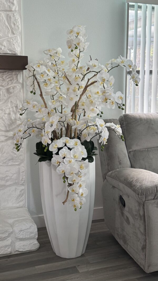 Cascading white orchids, white vase - Image 3