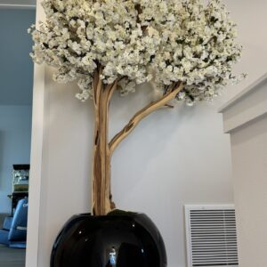 White cherry blossom tree on a black round vase
