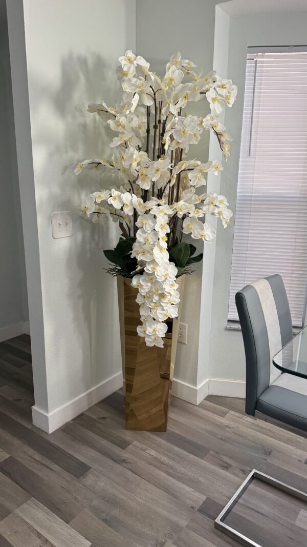 Cascading white orchids, gold beveled vase - Image 3