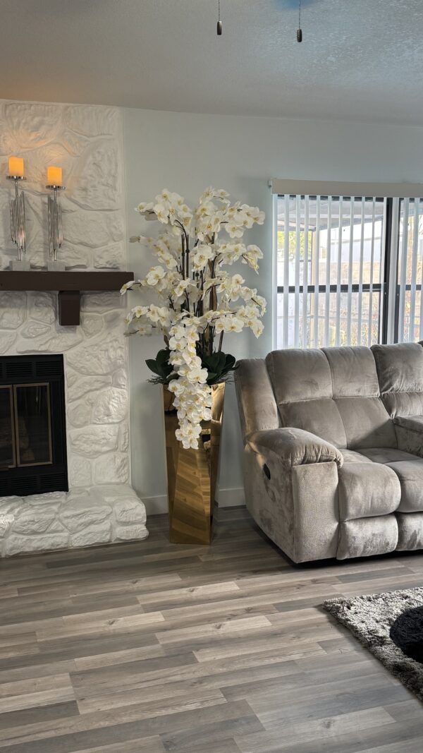 Cascading white orchids, gold beveled vase - Image 2