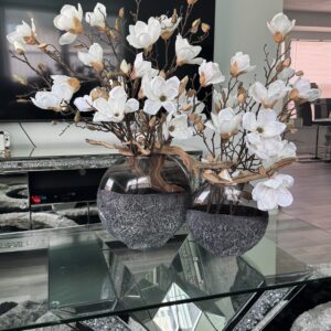 White Magnolia Arrangement Set in Black Oval Vase – 2-Piece