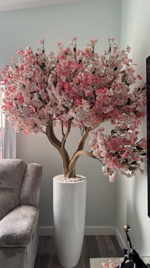 Pink cherry blossom on a tall white vase - Image 2