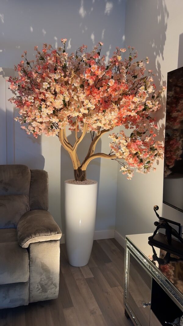 Pink cherry blossom on a tall white vase - Image 4