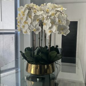 Luxury decor with white orchids and natural bamboo in a gold vase