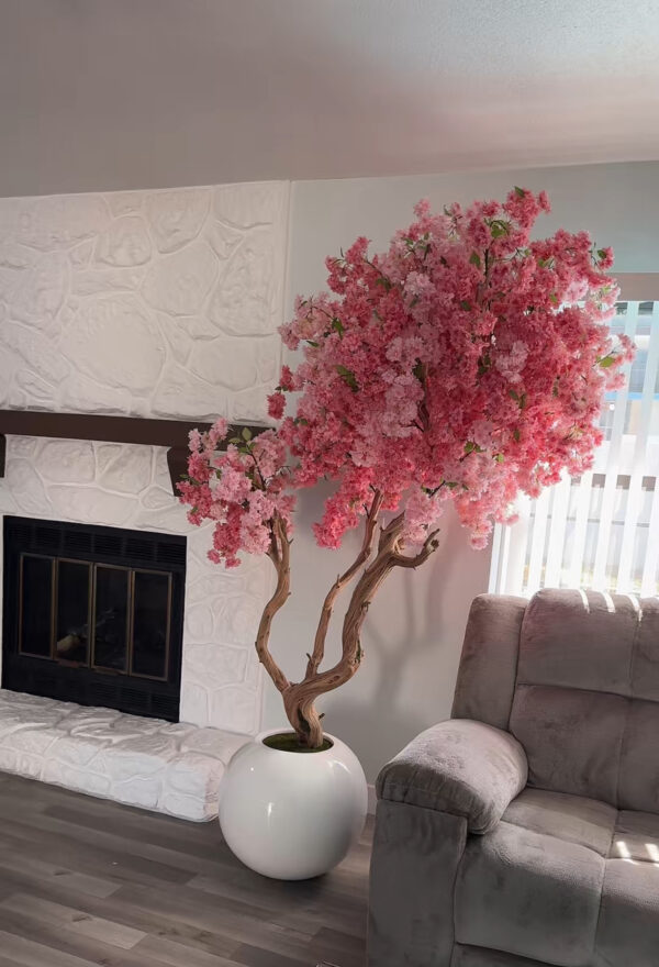 Pink cherry blossom tree on a white round vase - Image 3