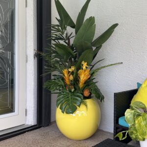 Tropical Mix decoration on a yellow round planter