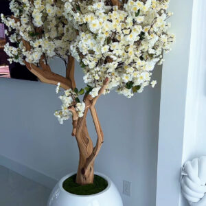 White cherry blossom tree on a white round vase