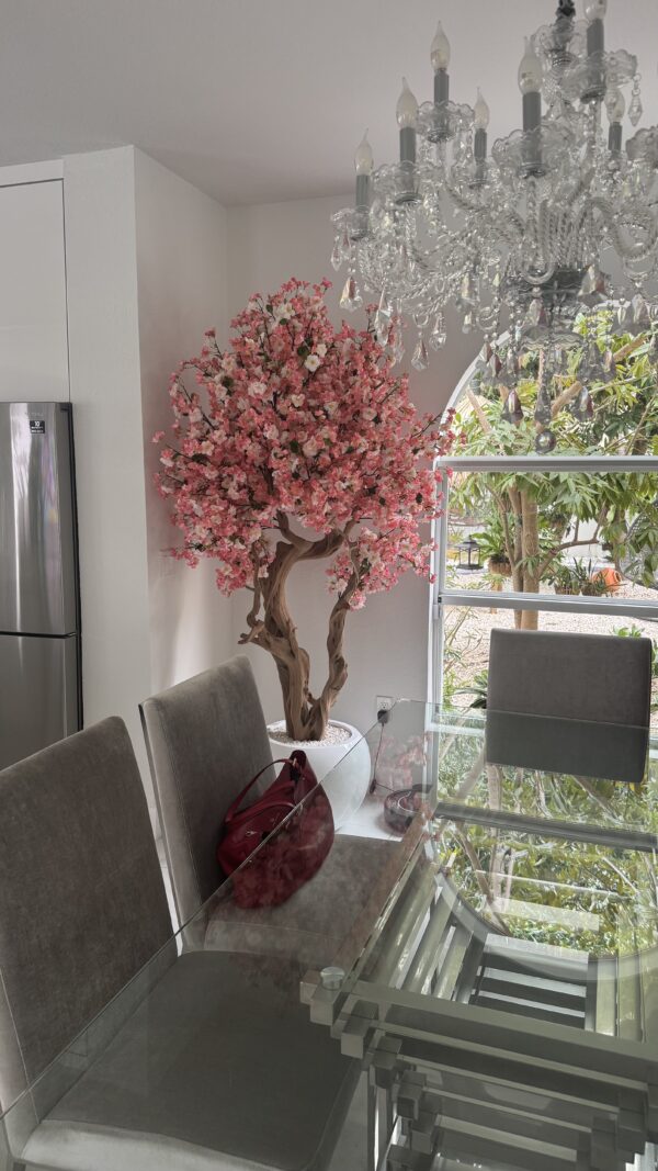 Pink cherry blossom tree on a  glossy white round vase - Image 2