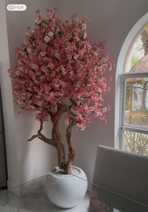 Pink cherry blossom tree on a  glossy white round vase - Image 4