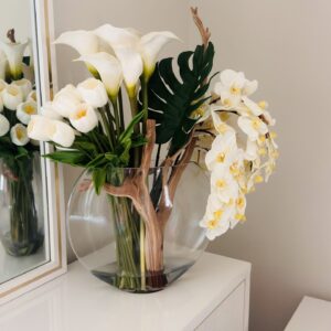 26″ Moon vase with mixed bouquet of flowers